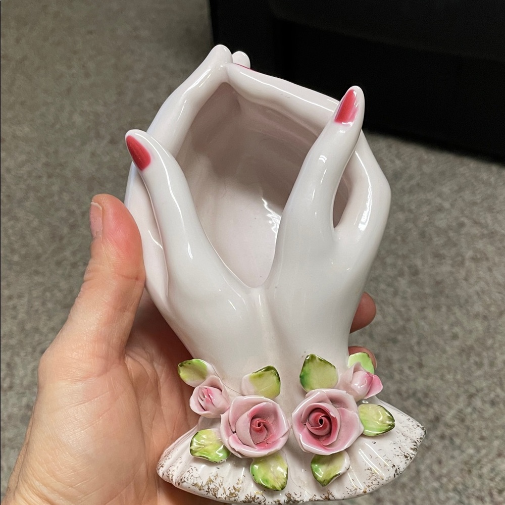 Vintage Ceramic Hands Vase with Pink Roses